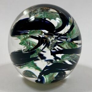 Vtg Quality TVG Teign Valley Art Glass Paperweight Black Gold Green Clear Swirl